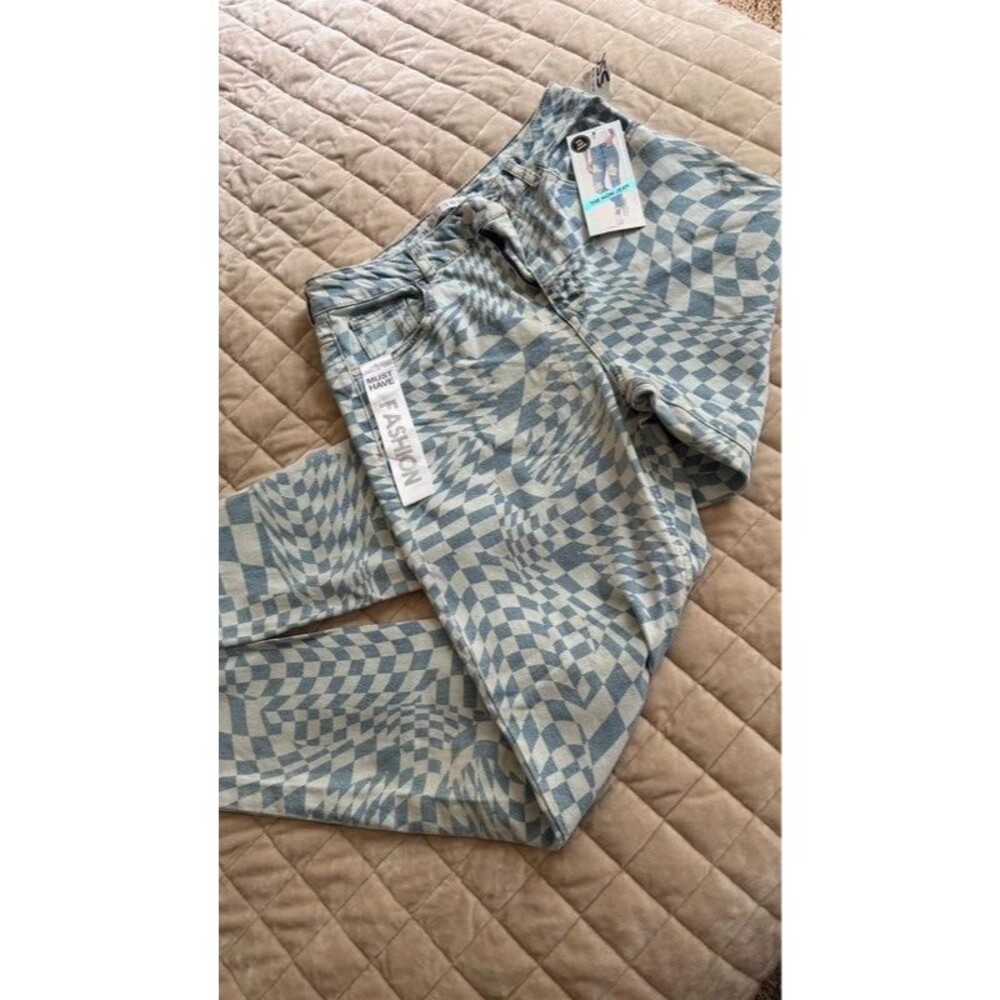 NWT Tinseltown Y2K Checkerboard Print High Rise Mom Jeans 9/29 Blue White
